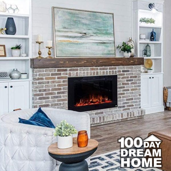 Touchstone Forte 40" Recessed Electric Fireplace -80006- Lifestyle Living Room Brick Wall Electric Fireplace