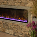 Touchstone Sideline Elite 60" Outdoor Weatherproof Smart WiFi Enabled Electric Fireplace -80049- Close Up Side View With Violet Base Orange Flames