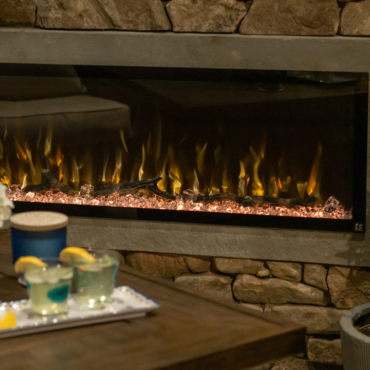 Touchstone Sideline Elite 60" Outdoor Weatherproof Smart WiFi Enabled Electric Fireplace -80049- Close up Brick Wall With Yellow and Orange Flames