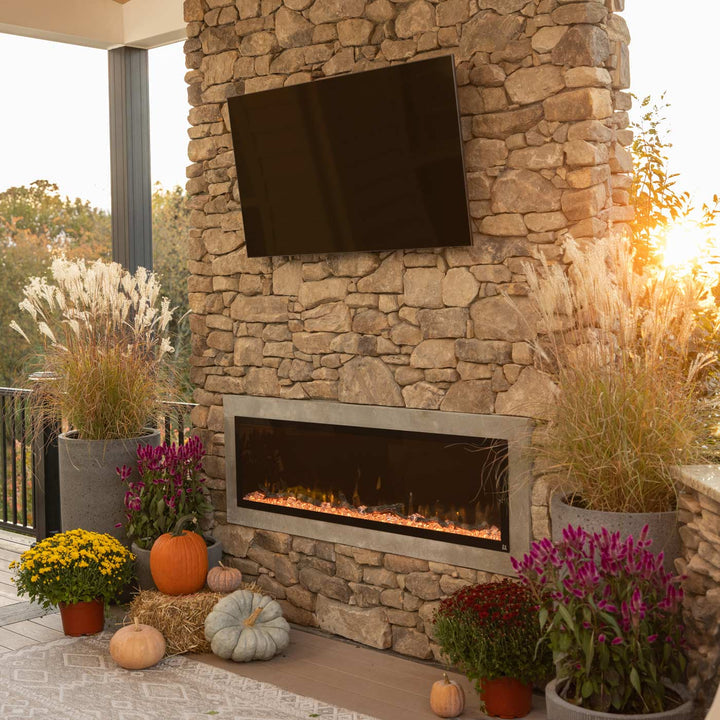 Touchstone Sideline Elite 60" Outdoor Weatherproof Smart WiFi Enabled Electric Fireplace -80049- Lifestyle Fall Decor  With Brick Brown Wall Electric Fireplace