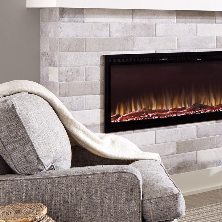 Touchstone - Sideline Elite Smart 50" WiFi-Enabled Recessed Electric Fireplace -80036- Lifestyle Living Room With White Brick Wall