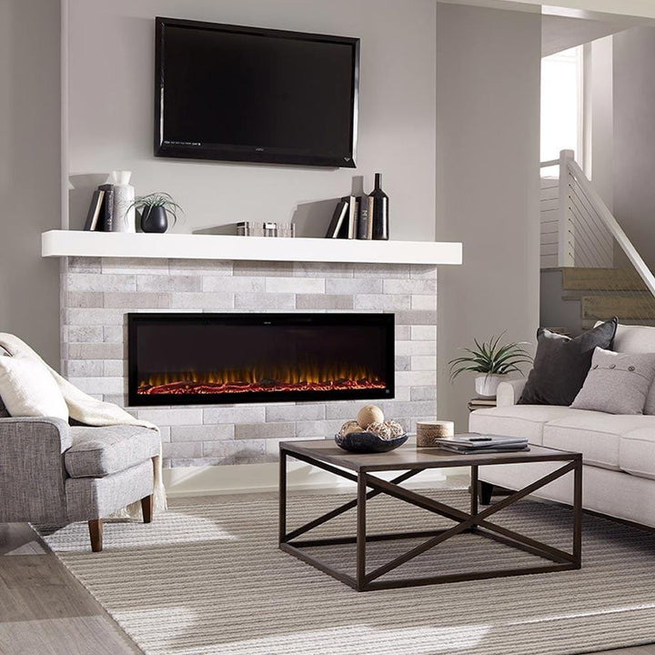 Touchstone -Sideline Elite Smart 60" WiFi-Enabled Recessed Electric Fireplace -80037- Lifestyle Living Room With Electric Fire Place Orange Flame