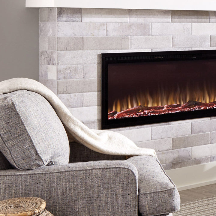 Touchstone -Sideline Elite Smart 84" WiFi-Enabled Recessed Electric Fireplace -80050- Lifestyle Brick White Wall With Electric Fireplace