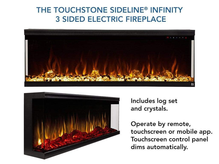 Touchstone - Sideline Infinity 3 Sided 72" WiFi Enabled Smart Electric Fireplace -80051- Logs and Crystals