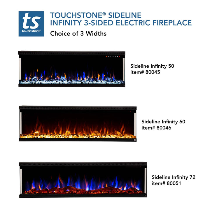 Touchstone - Sideline Infinity 3 Sided 72" WiFi Enabled Smart Electric Fireplace -80051- Size Options