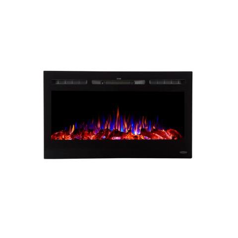 Touchstone - The Sideline 36" Recessed Electric Fireplace -80014- Front View With Yellow Orange Blue Logs