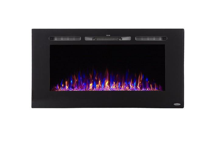 Touchstone - The Sideline 40" Recessed Electric Fireplace -80027- Front View With Crystals Yellow Orange Blue Flames