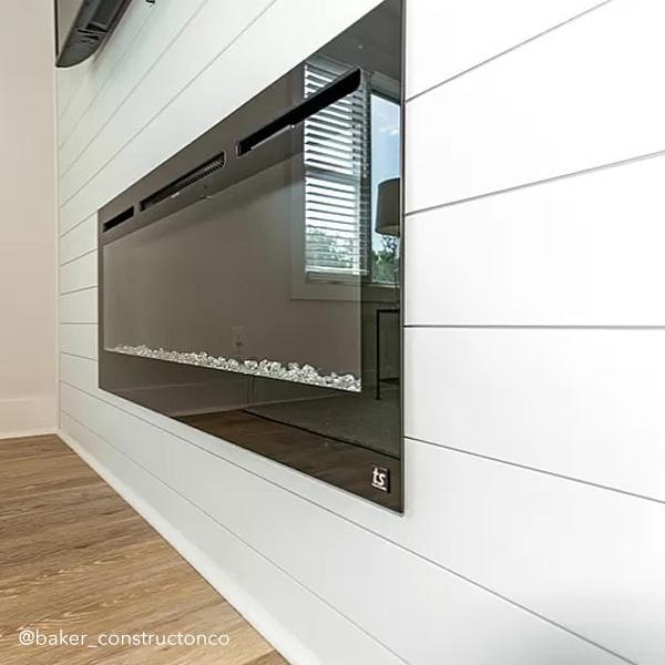 Touchstone - The Sideline 40" Recessed Electric Fireplace -80027- Lifestyle Side View Shiplap Wall