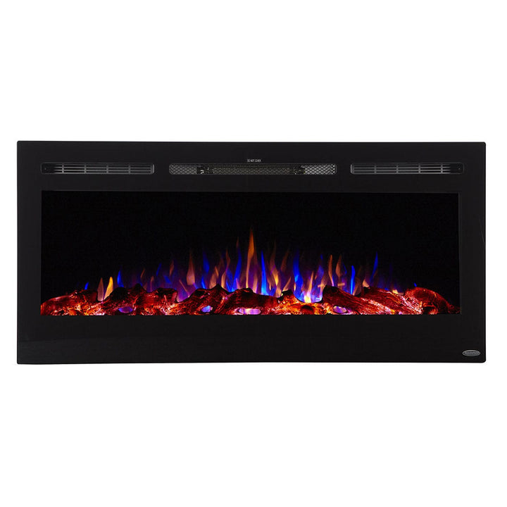 Touchstone - The Sideline 45" Recessed Electric Fireplace -80025- Front View With Logs Orange Blue Flames