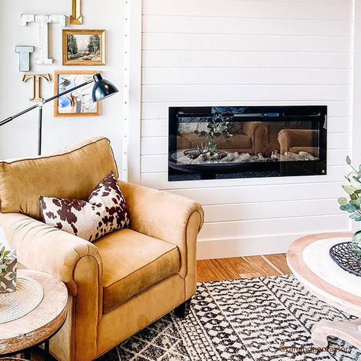 Touchstone - The Sideline 50" Recessed Electric Fireplace -80004- Lifestyle Living Room Shiplap Wall Electric Fireplace