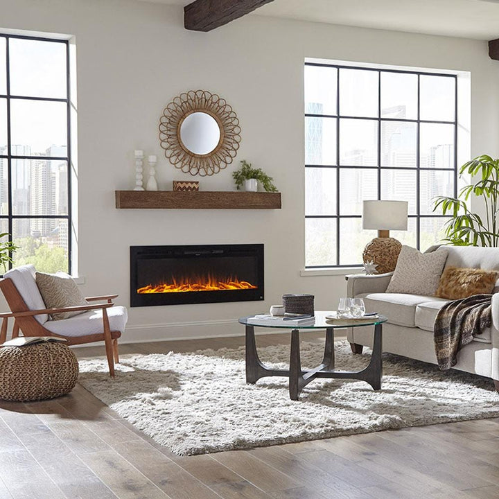 Touchstone - The Sideline 50" Recessed Electric Fireplace -80004- Lifestyle Living Room With Light Oak Mantel