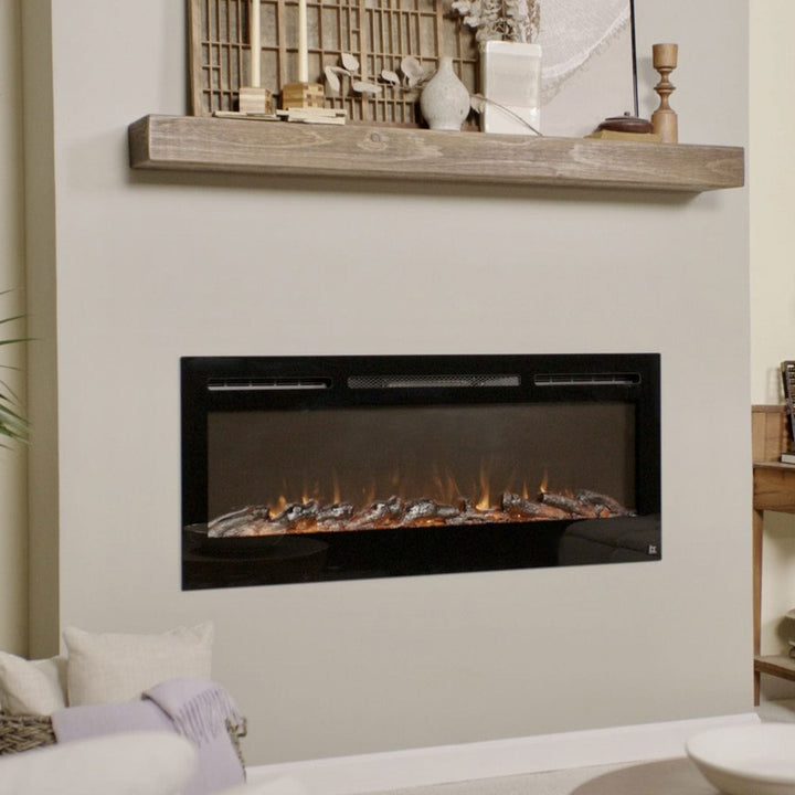 Touchstone - The Sideline 50" Recessed Electric Fireplace -80004- Lifestyle Living Room With Logs Orange Flame