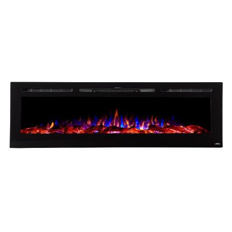 Touchstone - The Sideline 60" Recessed Electric Fireplace -80011- Front View With Logs Yellow Orange Blue Flames