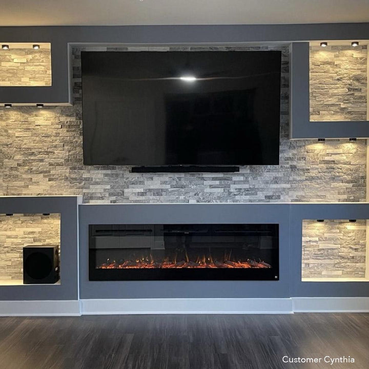 Touchstone - The Sideline 60" Recessed Electric Fireplace -80011- Lifestyle Gray Wall Built In Electric Fireplace
