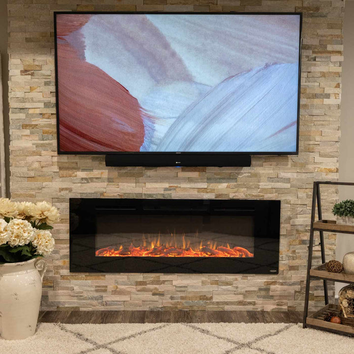 Touchstone - The Sideline 60" Recessed Electric Fireplace -80011- Lifestyle Living Room With Stone Accent Wall Electric Fireplace