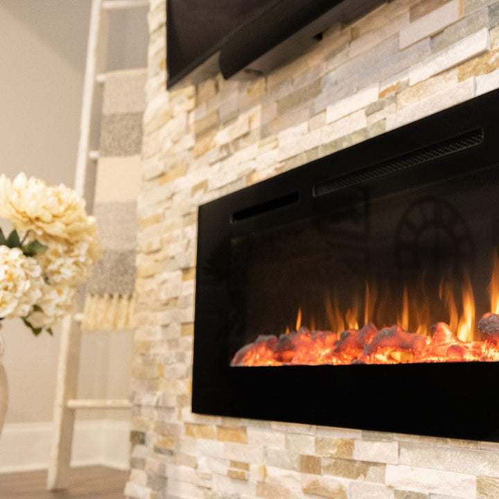 Touchstone - The Sideline 60" Recessed Electric Fireplace -80011- Lifestyle Side View  Stone Accent Electric Fireplace