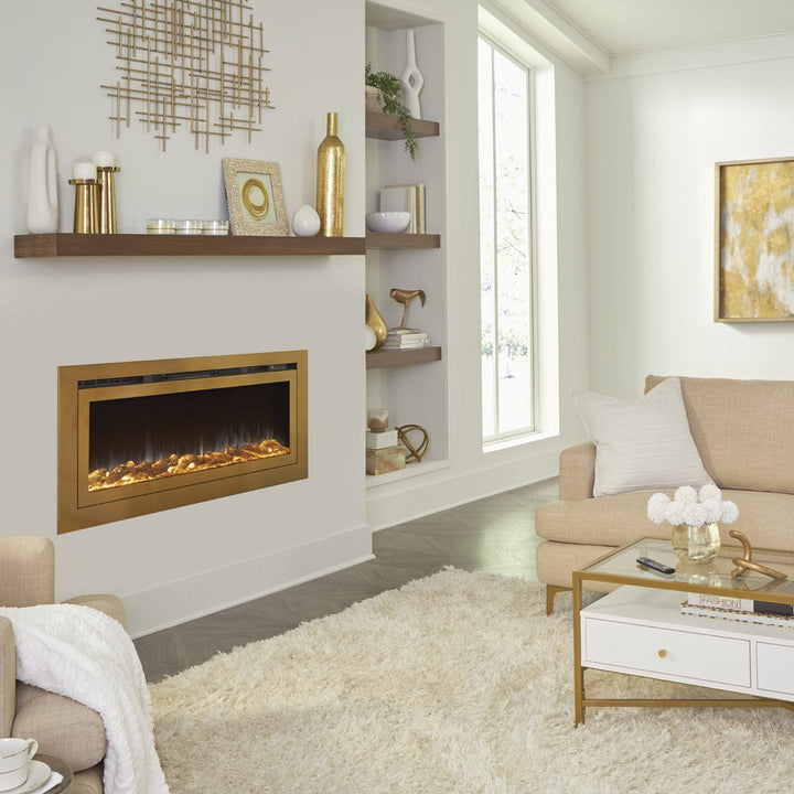 Touchstone - The Sideline Deluxe Gold 50" Recessed Smart Electric Fireplace -86275- Lifestyle Luxury Living Room