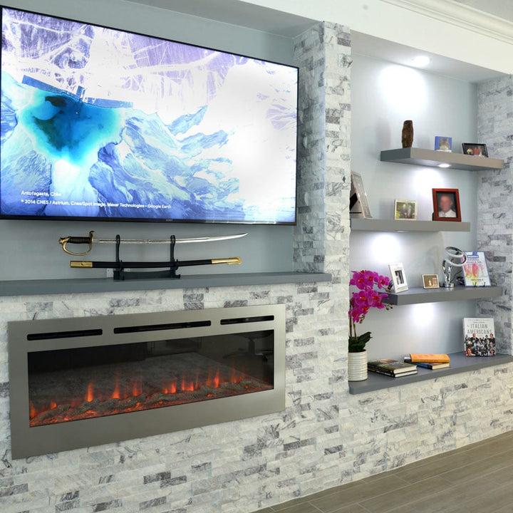 Touchstone - The Sideline Deluxe Stainless Steel 50" Recessed Electric Fireplace -86273- Lifestyle Living Room
