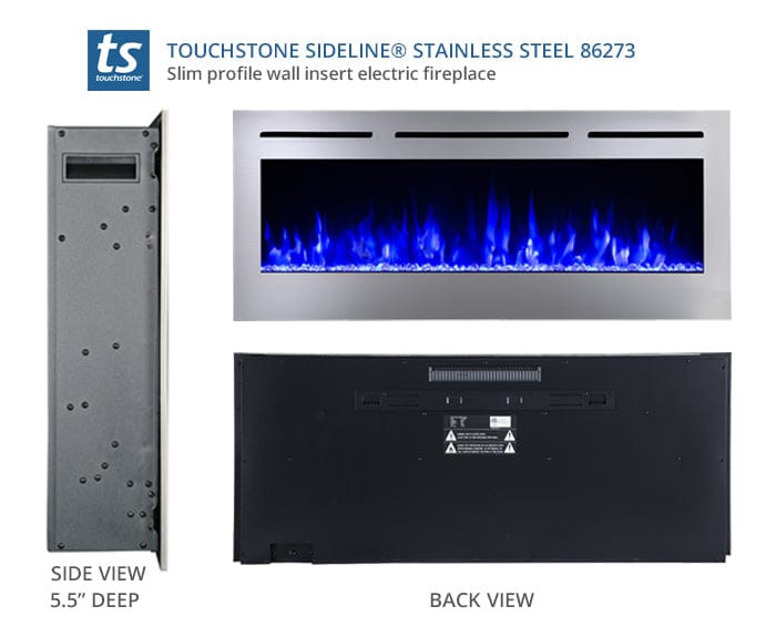 Touchstone - The Sideline Deluxe Stainless Steel 50" Recessed Electric Fireplace -86273- Side Back View