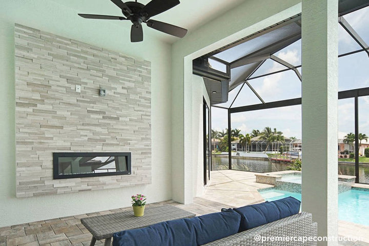 Touchstone -The Sideline Outdoor/Indoor 50" Recessed/Wall Mounted Electric Fireplace (No Heat)-80017- Lifestyle Patio With Pool Electric Fireplace