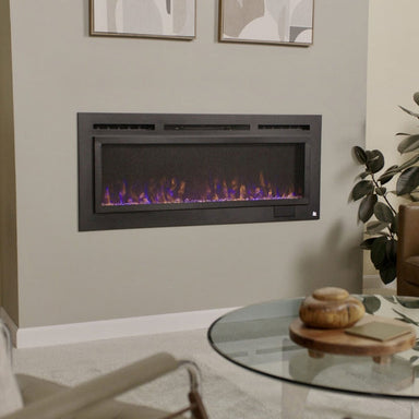 Touchstone - The Sideline Steel Mesh Screen Non Reflective 50" Recessed Electric Fireplace -80013- Lifestyle Living Room With Electric Fireplace Orange and Blue Flames
