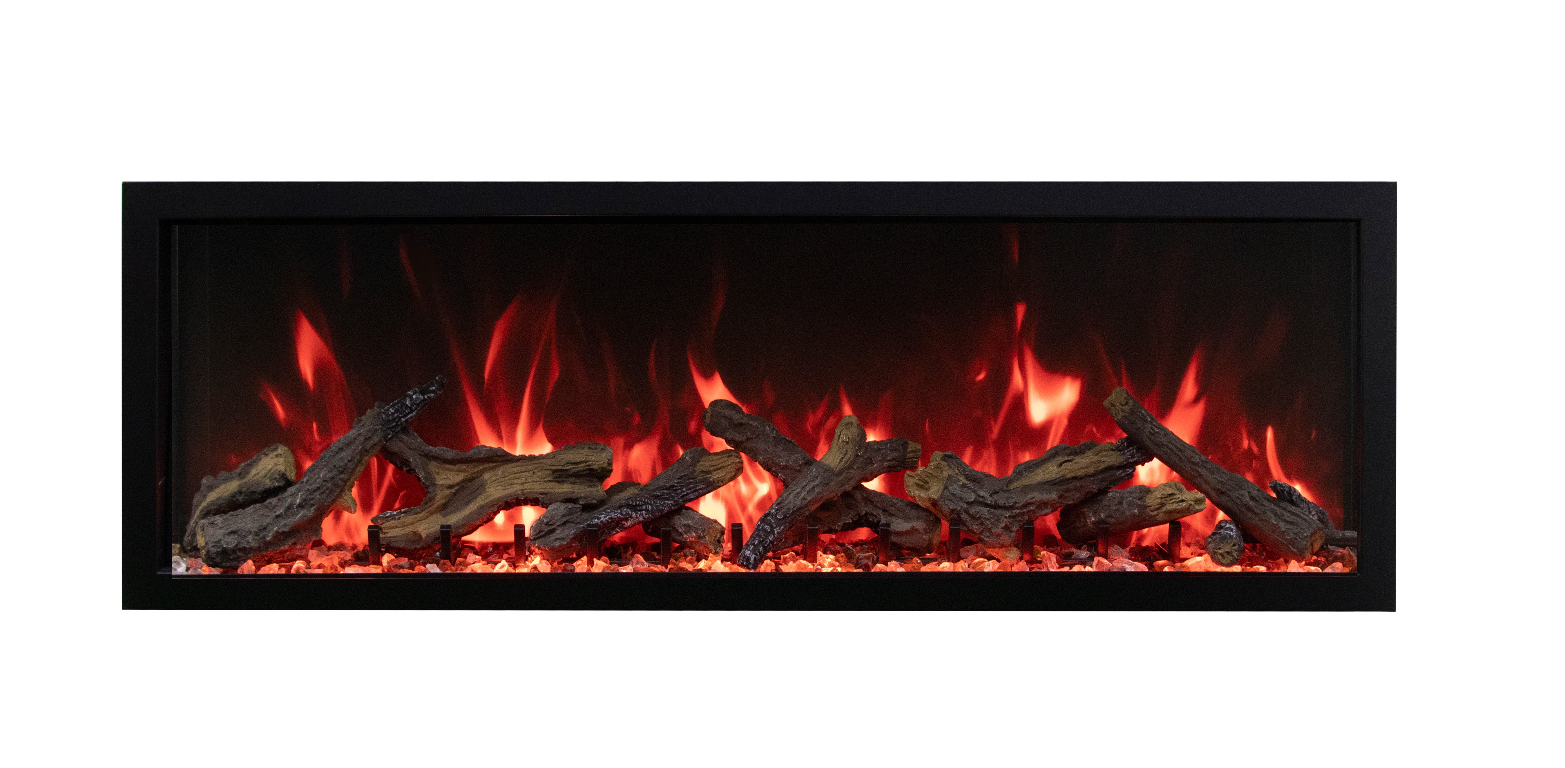 Remii by Amantii - Extra Tall XT Series Built-in Electric Fireplace with Black Steel Surround -Front View With Oak Log  Orange Flame