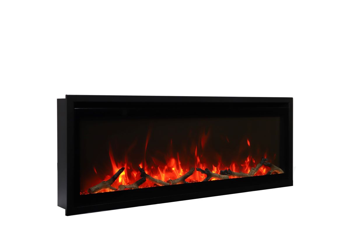 Remii by Amantii 65" Extra Slim Wall Mount Electric Fireplace with Black Steel Surround- WM-SLIM-65- Right View With Log Set Orange Flame