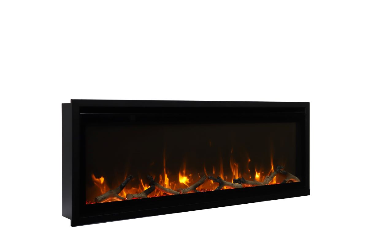 Remii by Amantii 55" Extra Slim Wall Mount Electric Fireplace with Black Steel Surround- WM-SLIM-55- Right View With Log Set Yellow Flame