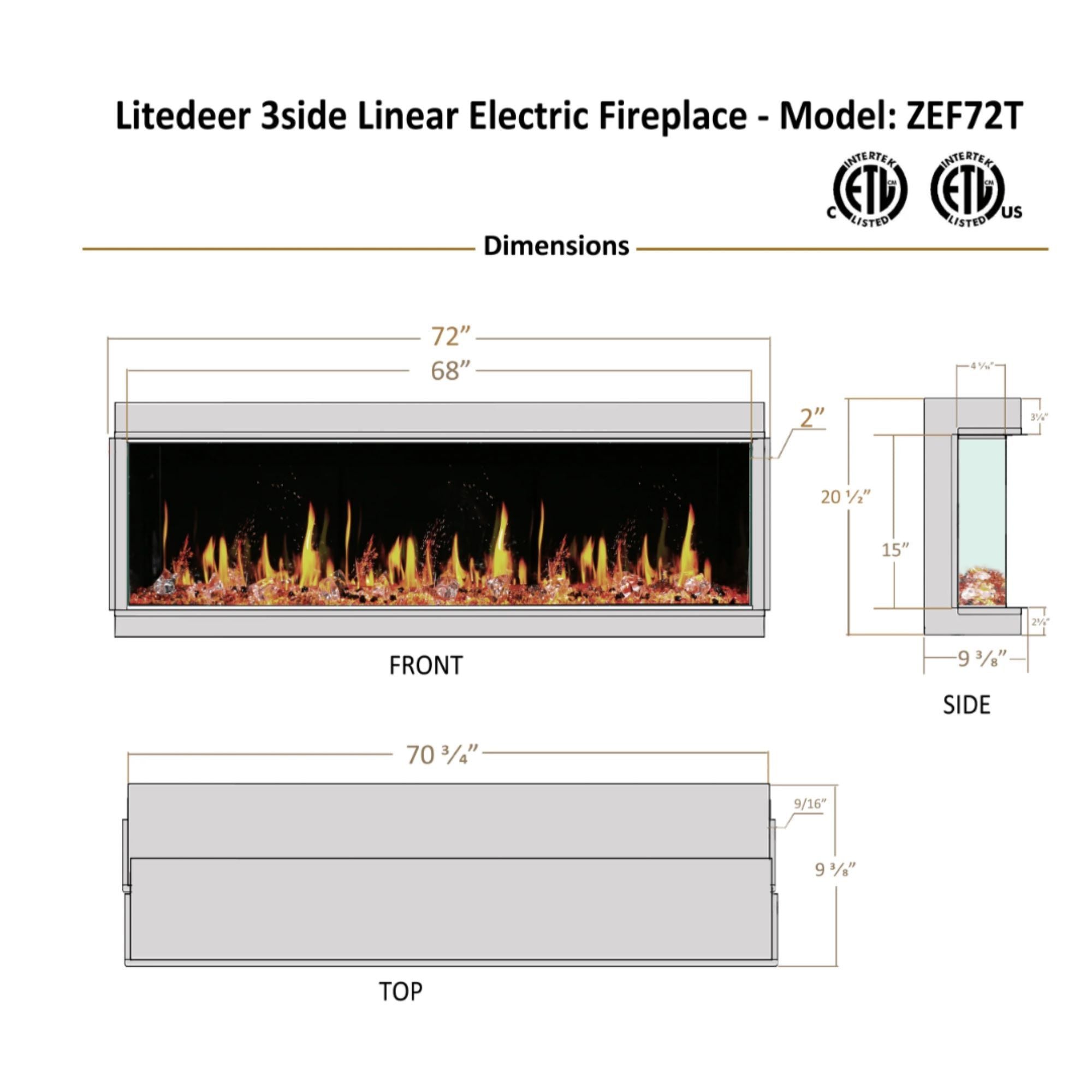 Litedeer Warmcastle 72 inch 3 Side Smart Control Electric Fireplace with Crystal Media