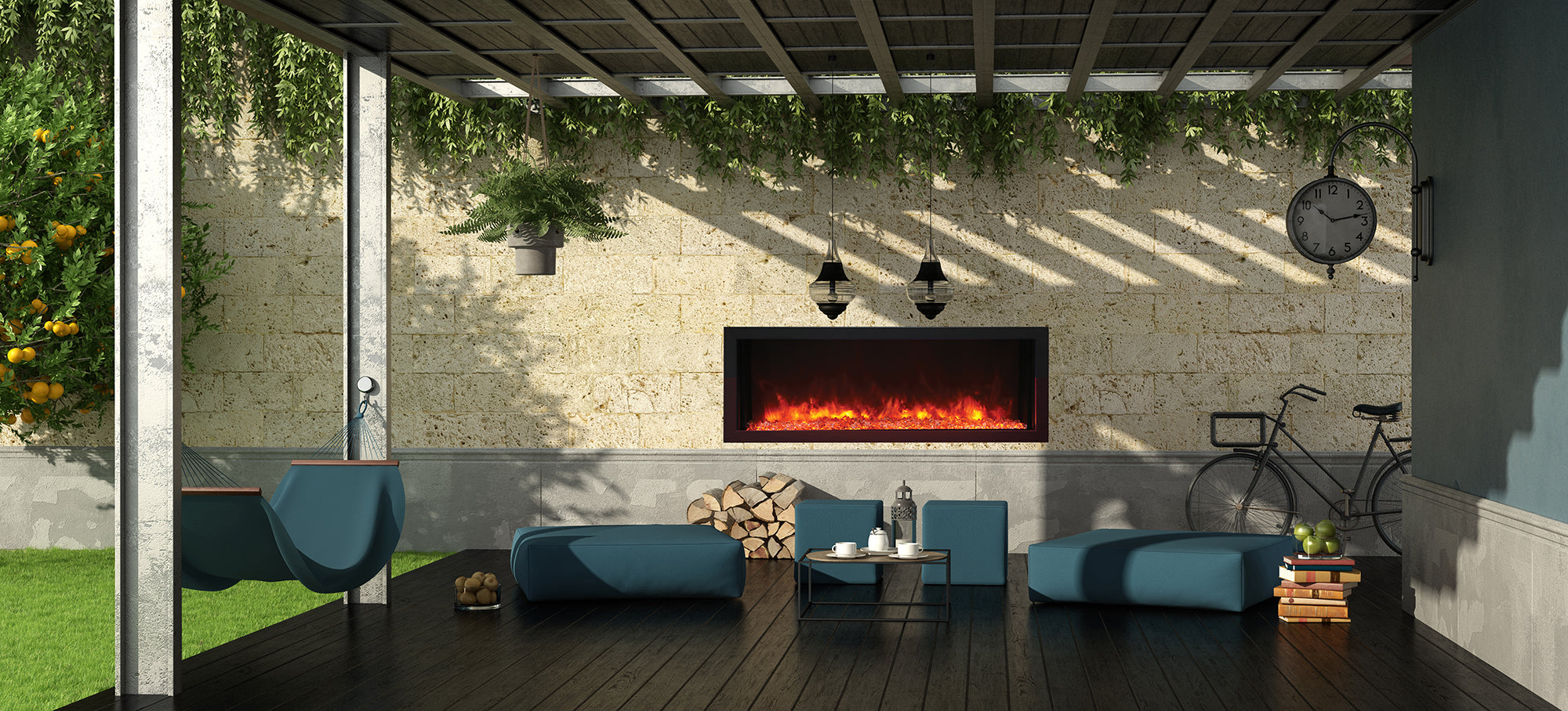 Remii by Amantii - Extra Slim XS Series Indoor or Outdoor Built-in Electric Fireplace with Black Steel Surround - Available in 4 Sizes - 35"/45"/55"/65" - Lifestyle Patio