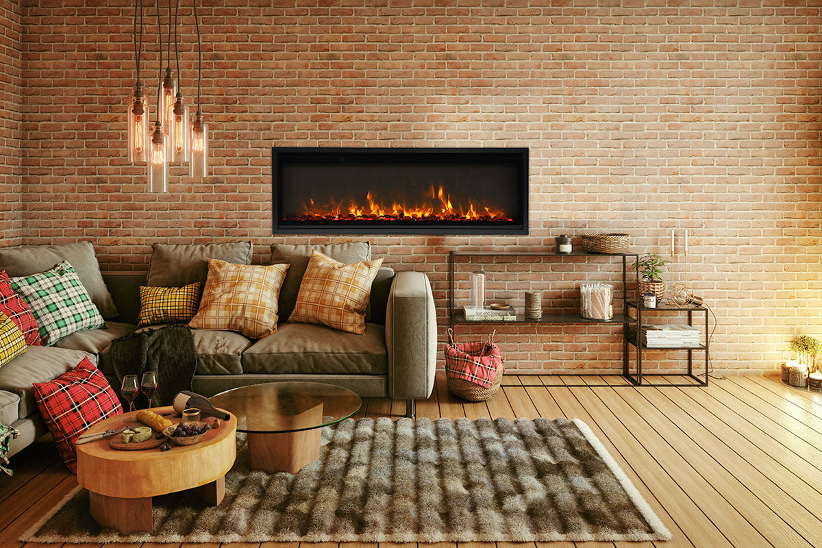 Remii by Amantii - Extra Slim XS Series Indoor or Outdoor Built-in Electric Fireplace with Black Steel Surround - Available in 4 Sizes - 35"/45"/55"/65" - Lifestyle Living Room