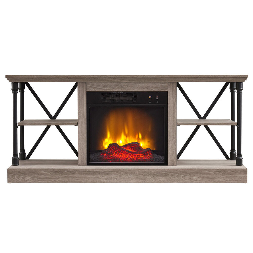 HearthPro 58.25" Industrial Open Architecture Media Electric Fireplace in Bleached Gray