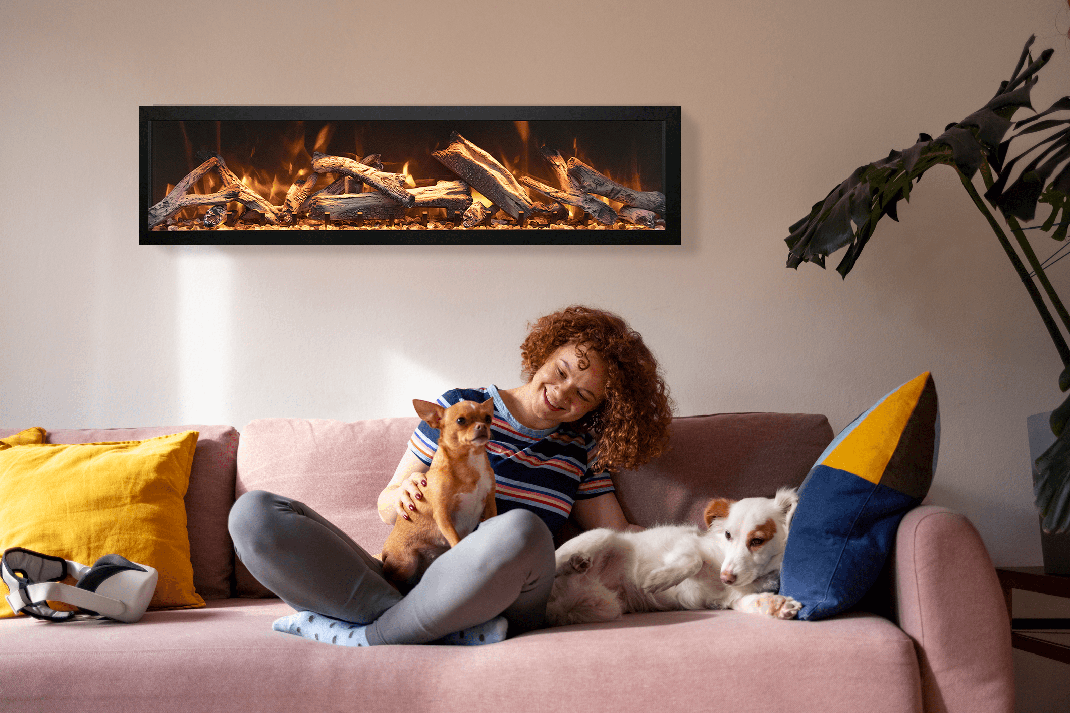 Remii by Amantii 45" Deep Series Built-in Electric Fireplace with Black Steel Surround- 102745-DE- Lifestyle Living Room White Wall