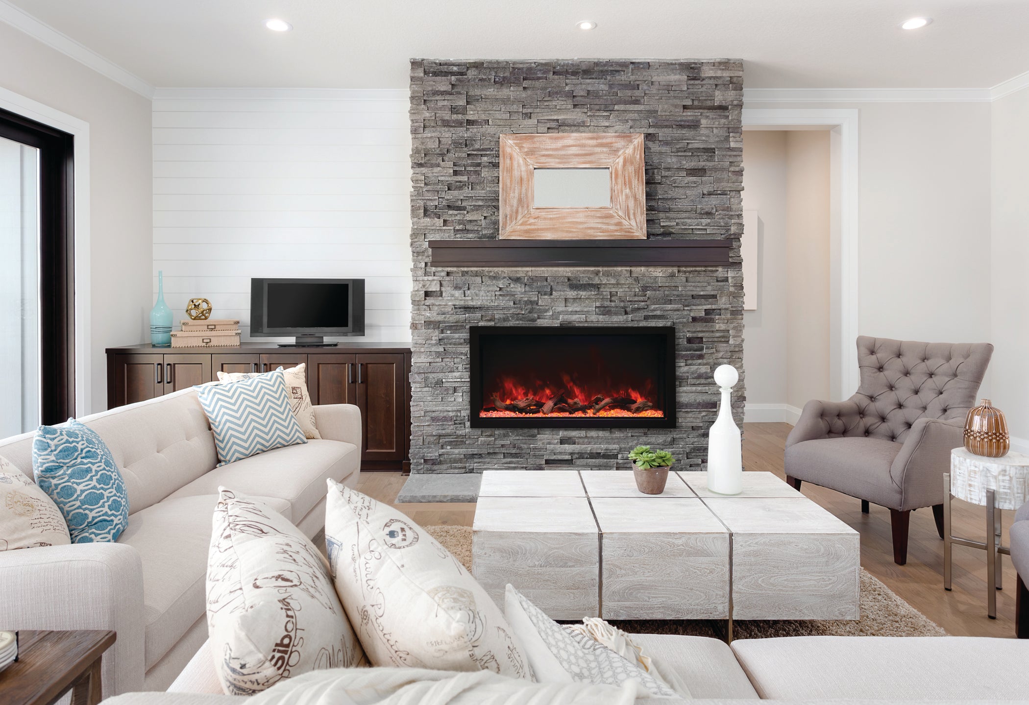 Remii by Amantii - Extra Tall XT Series Built-in Electric Fireplace with Black Steel Surround -Lifestyle Living Room With Brick Wall