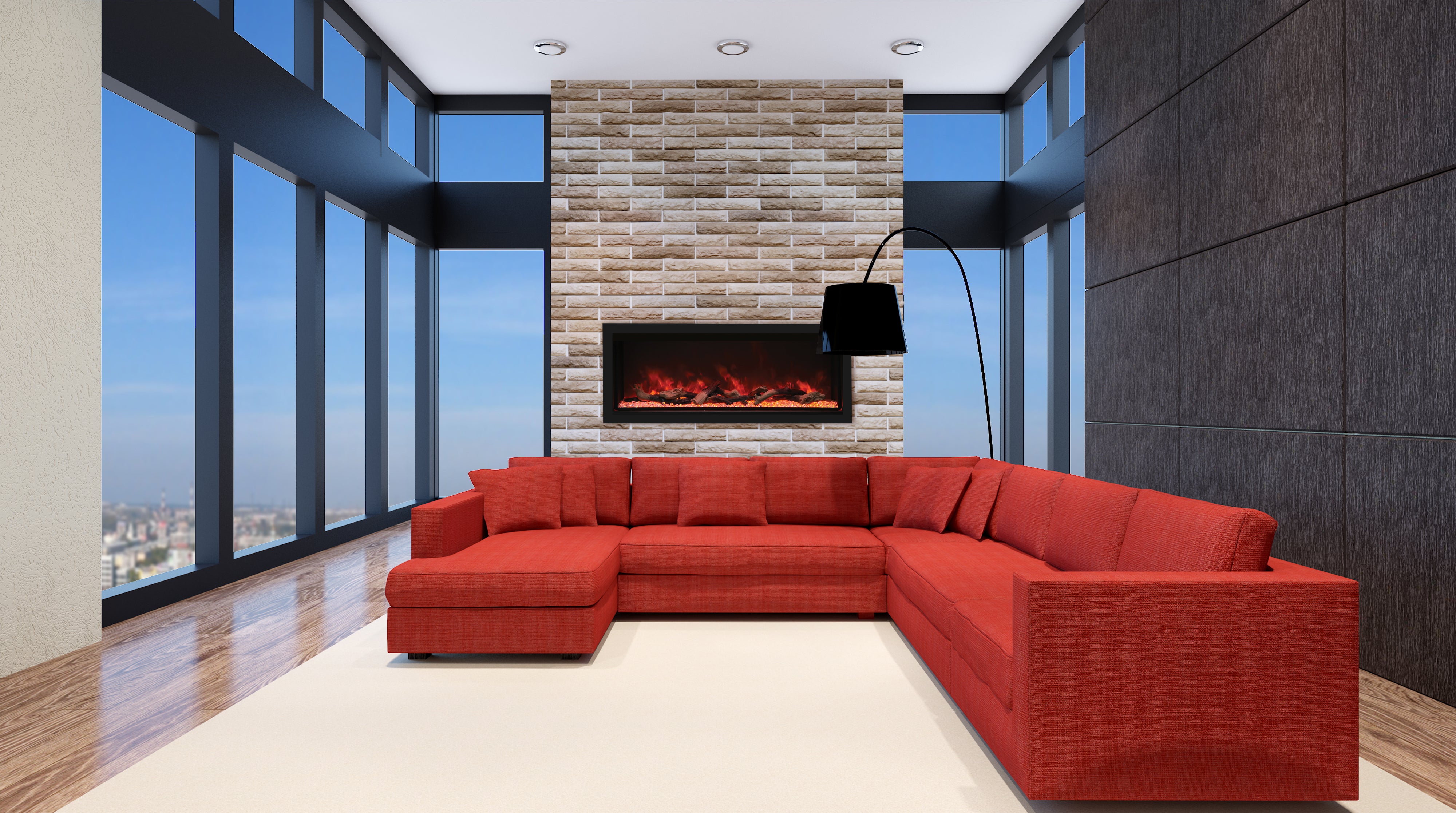 Remii by Amantii - Extra Tall XT Series Built-in Electric Fireplace with Black Steel Surround - Lifestyle Brick Wall